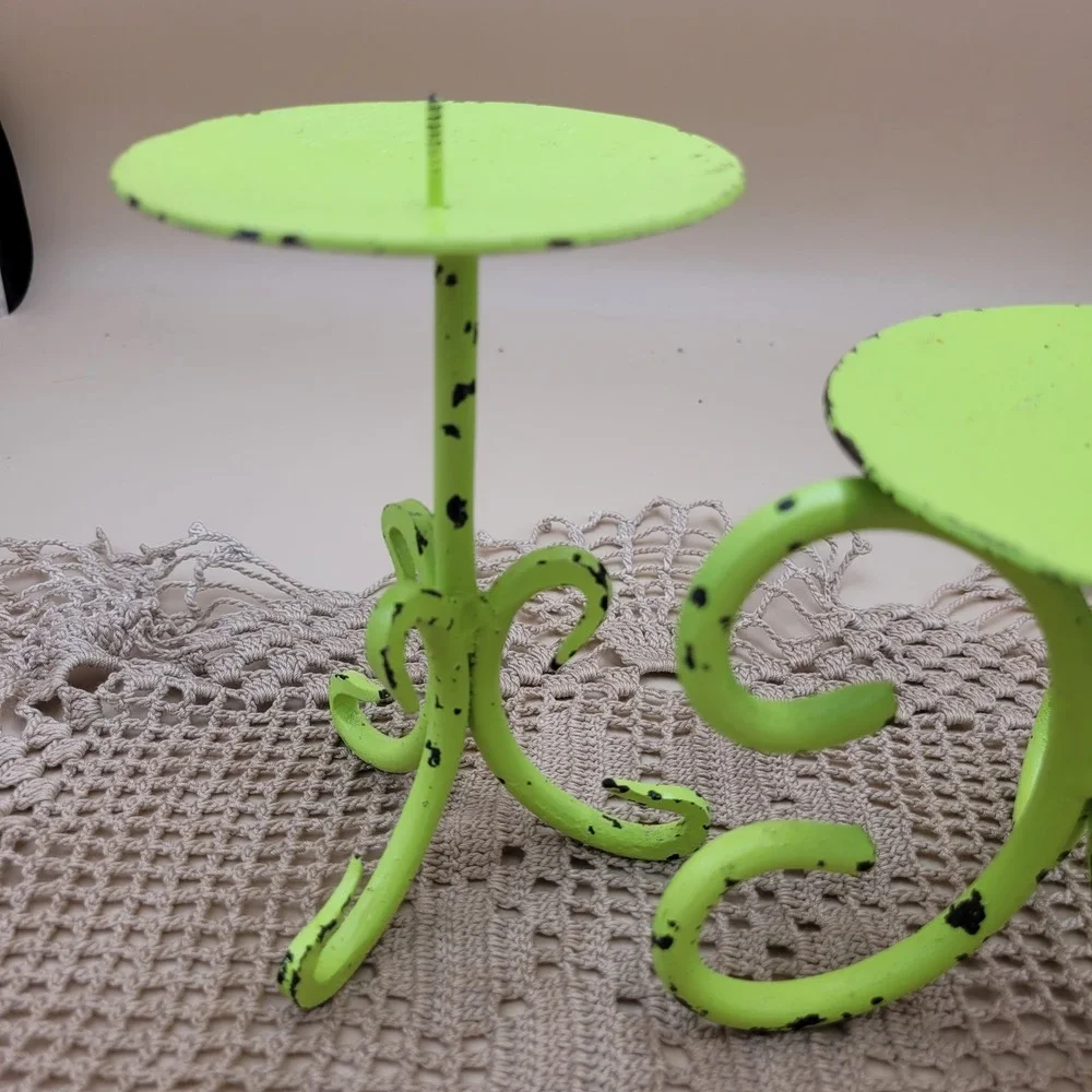 Lime Green Shabby Chic Metal Pillar Candle Holder Set Scroll Cottagecore 2pc